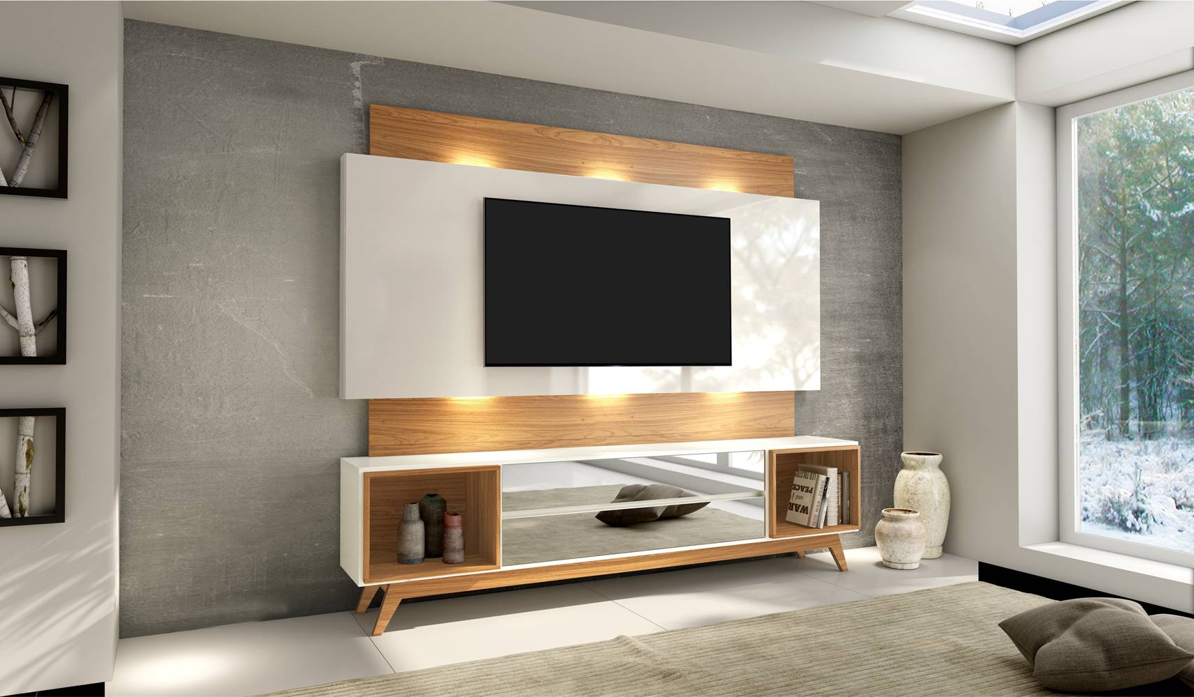 Rack com Painel Munique com Led 1,80 MT cor Off White com Freijo