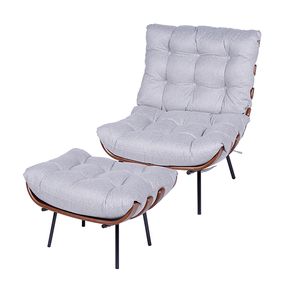 Poltrona Costela com Pufe Linho Cinza Base de Ferro - 51909