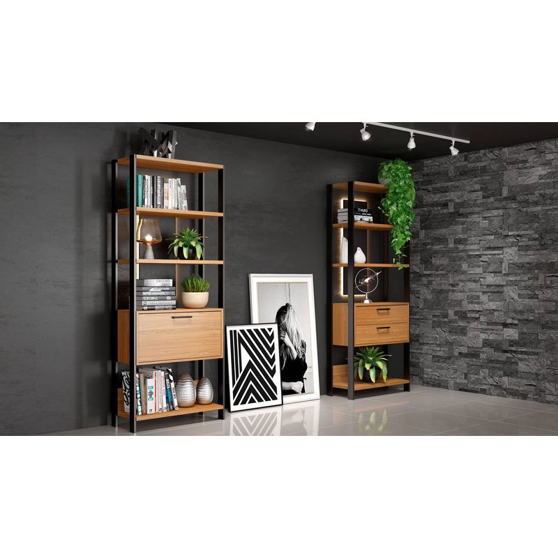 EstanteElegante1TorrecomGaveteiro74cmLARGcorFreijoFoscocomPretoFosco52810