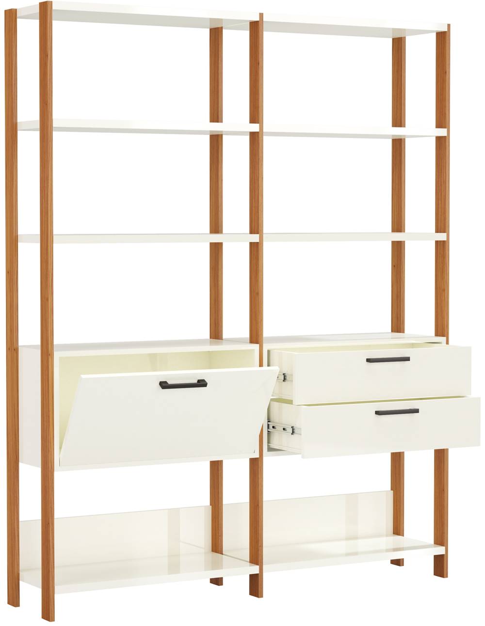 Estante-Elegante-2-Torre-com-Gaveteiro-e-Porta-145-MT--LARG--cor-Off-White-Brilho-com-Freijo-Fosco---52817-