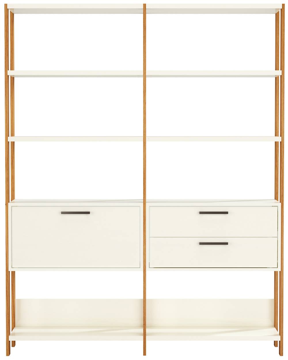 Estante-Elegante-2-Torre-com-Gaveteiro-e-Porta-145-MT--LARG--cor-Off-White-Brilho-com-Freijo-Fosco---52817----Frontal