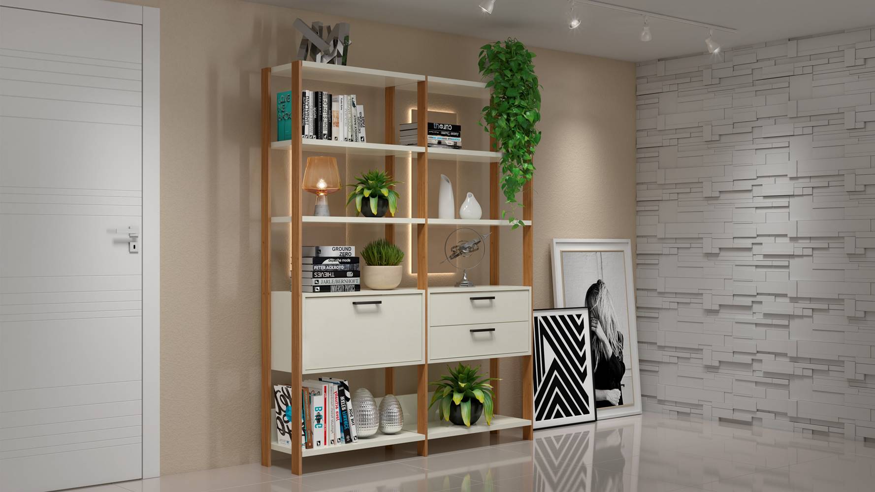 Estante-Elegante-2-Torre-com-Gaveteiro-e-Porta-145-MT--LARG--cor-Off-White-Brilho-com-Freijo-Fosco---52817