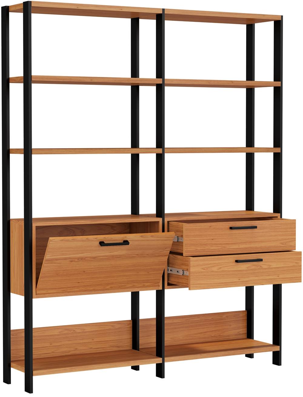 Estante-Elegante-2-Torre-com-Gaveteiro-e-Porta-145-MT--LARG--cor-Freijo-Fosco-com-Preto-Fosco---52822