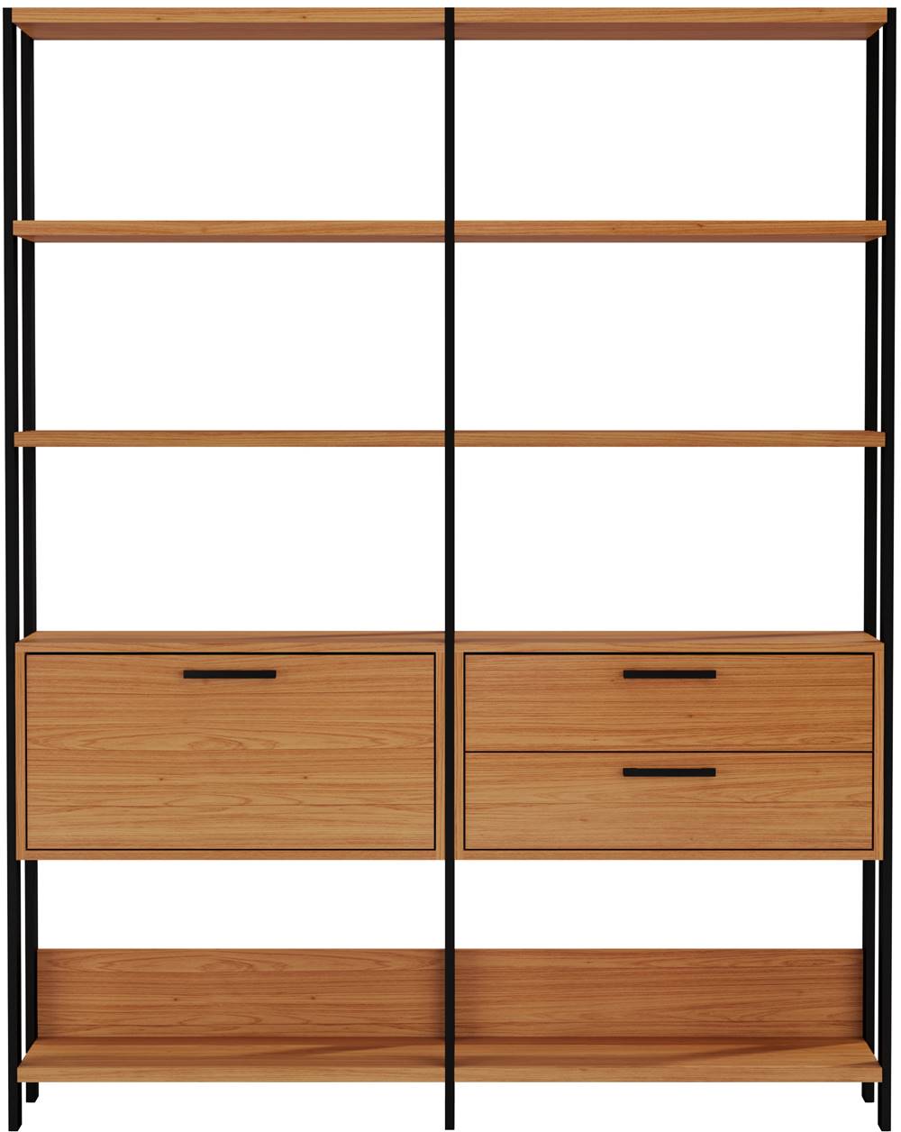 Estante-Elegante-2-Torre-com-Gaveteiro-e-Porta-145-MT--LARG--cor-Freijo-Fosco-com-Preto-Fosco---52822---Frontal
