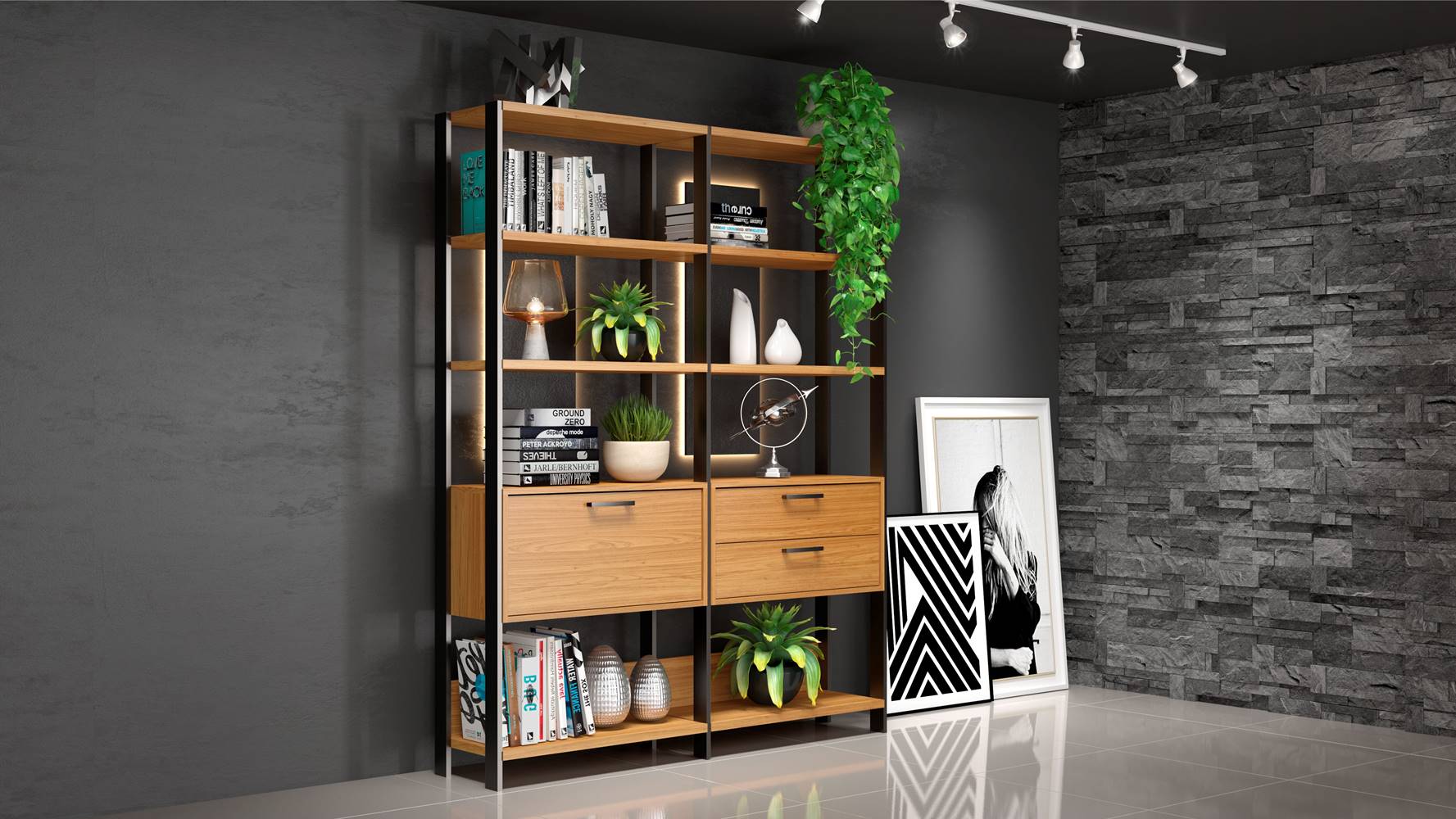 Estante-Elegante-2-Torre-com-Gaveteiro-e-Porta-145-MT--LARG--cor-Freijo-Fosco-com-Preto-Fosco---52822
