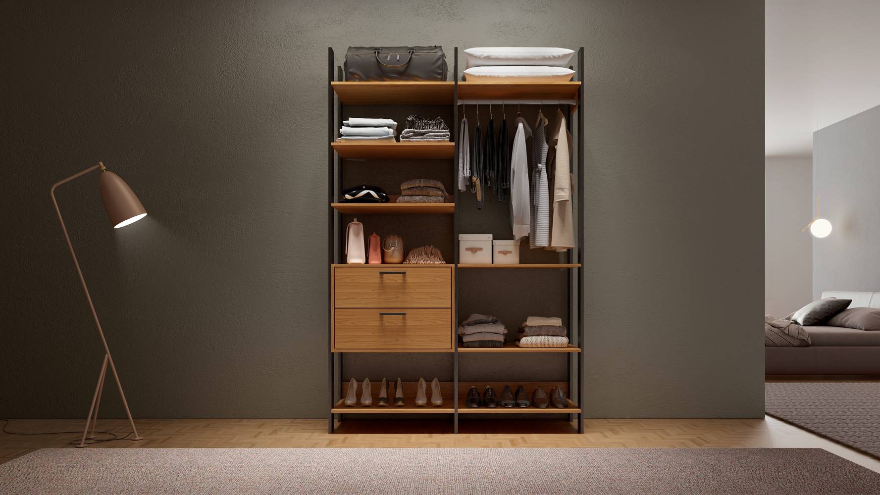 Closet-2-Torre-com-2-Gaveteiro-Olimpo-146-MT--LARG--Freijo-Fosco-com-Preto-Fosco