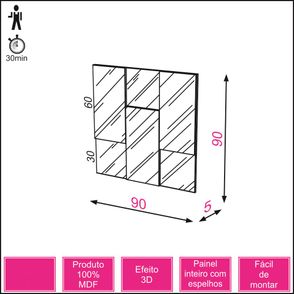 Quadro Espelho Escala Pequeno 90cm (LARG) cor Preto Brilho - 52889