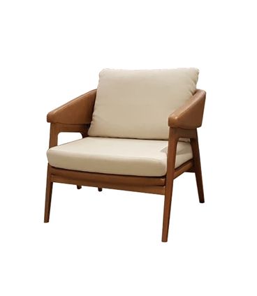 Poltrona Dubia Estofada em Linho Cru e Courino Caramelo Base Madeira Cor Amendoa - 55241