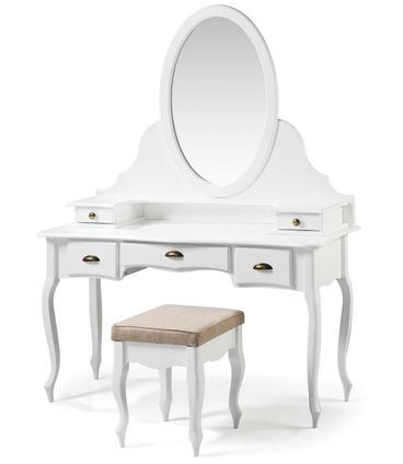 Penteadeira Elegance Laca Branca Com Banqueta Linho Bege Pes Luiz XV - 58863