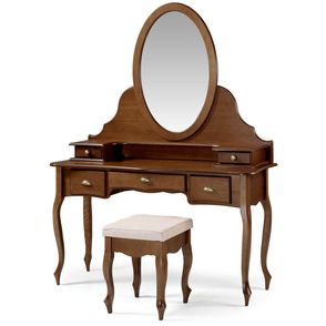 Penteadeira Elegance Imbuia Com Banqueta Linho Bege Pes Luiz XV - 58864