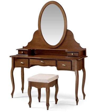 Penteadeira Elegance Imbuia Com Banqueta Linho Bege Pes Luiz XV - 58864