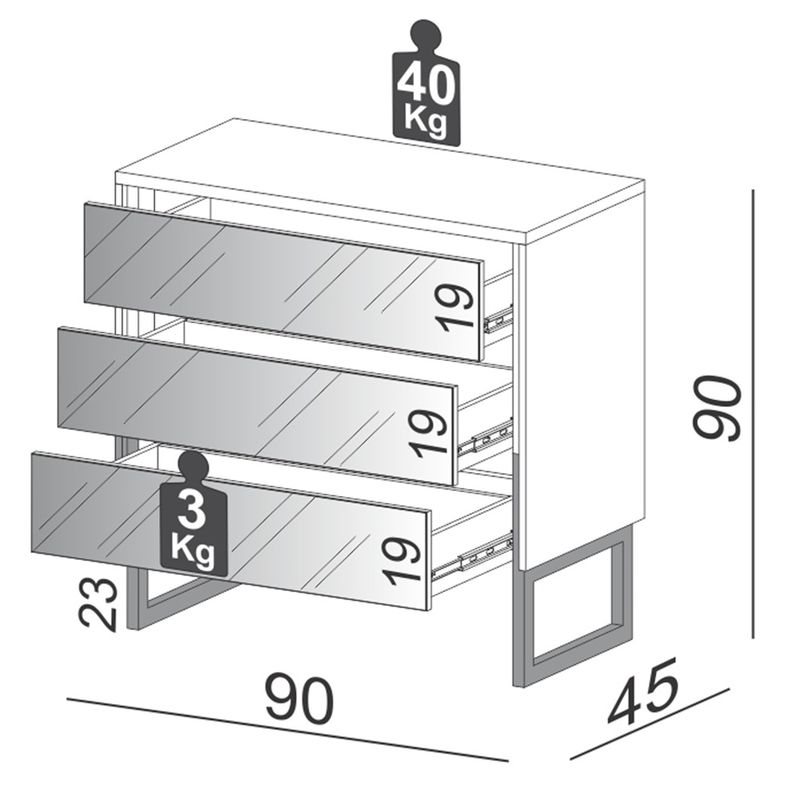 ComodaArcadiacorOffWhiteePretoFoscocom3GavetasEspelhadas90cmLARG55285