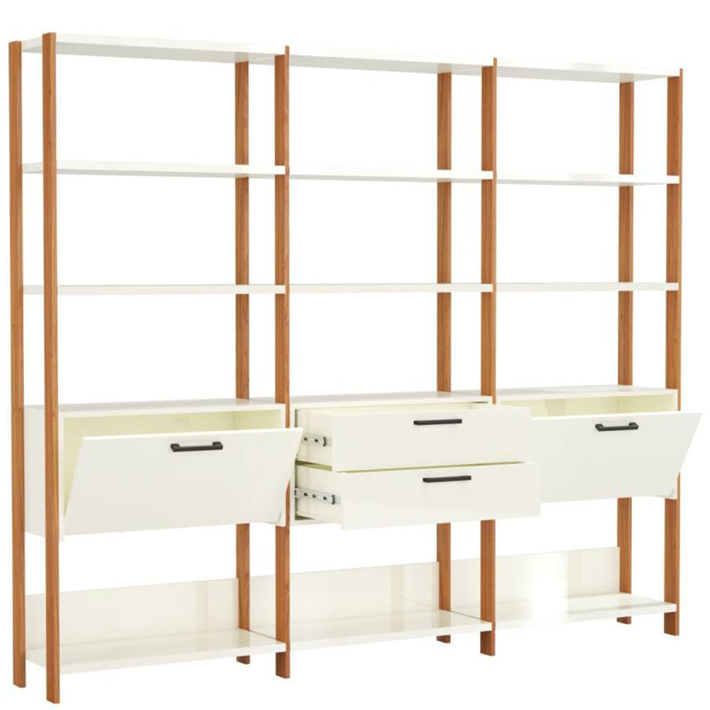 Estante-Elegante-3-Torres-com-1-Gaveteiro-e-2-Portas-216-MT--LARG--cor-Off-White-Brilho-com-Freijo-Fosco