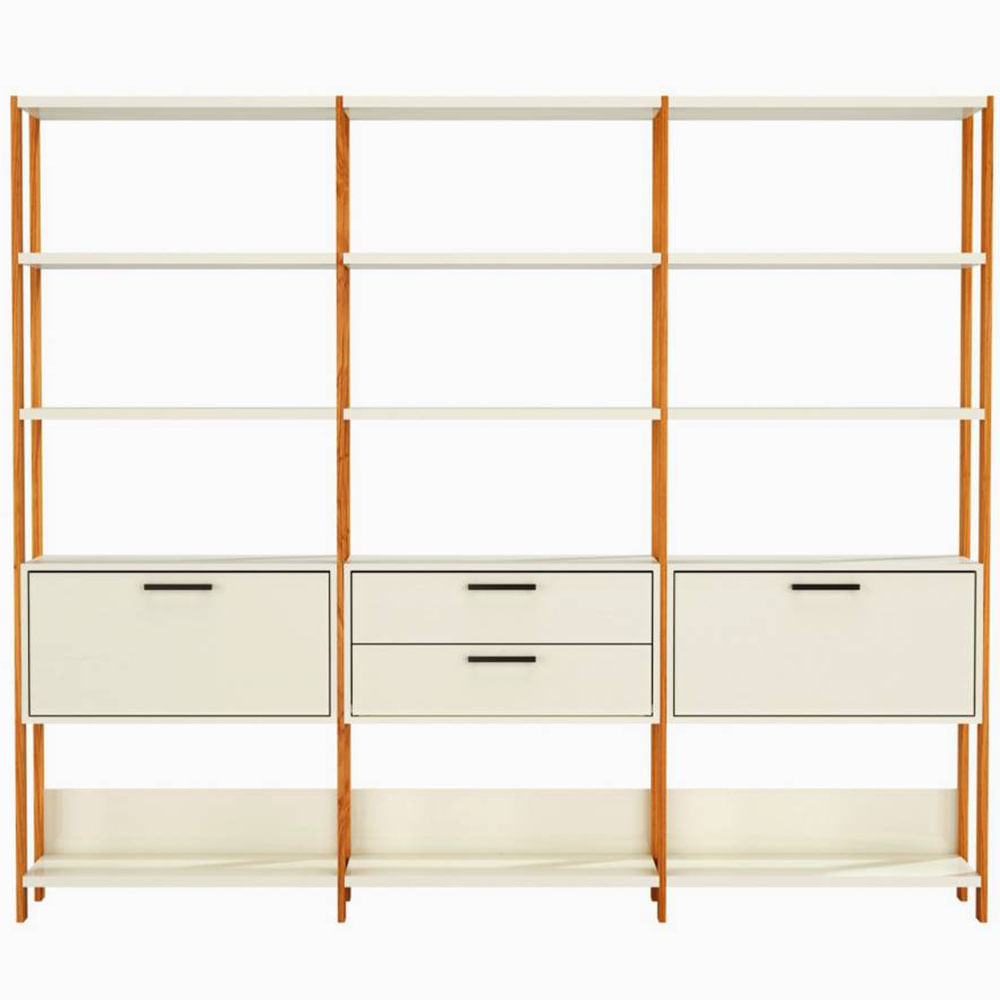 Estante-Elegante-3-Torres-com-1-Gaveteiro-e-2-Portas-216-MT--LARG--cor-Off-White-Brilho-com-Freijo-Fosco