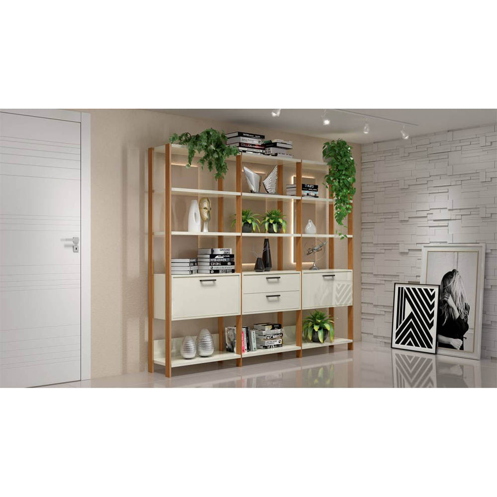 Estante-Elegante-3-Torres-com-1-Gaveteiro-e-2-Portas-216-MT--LARG--cor-Off-White-Brilho-com-Freijo-Fosco