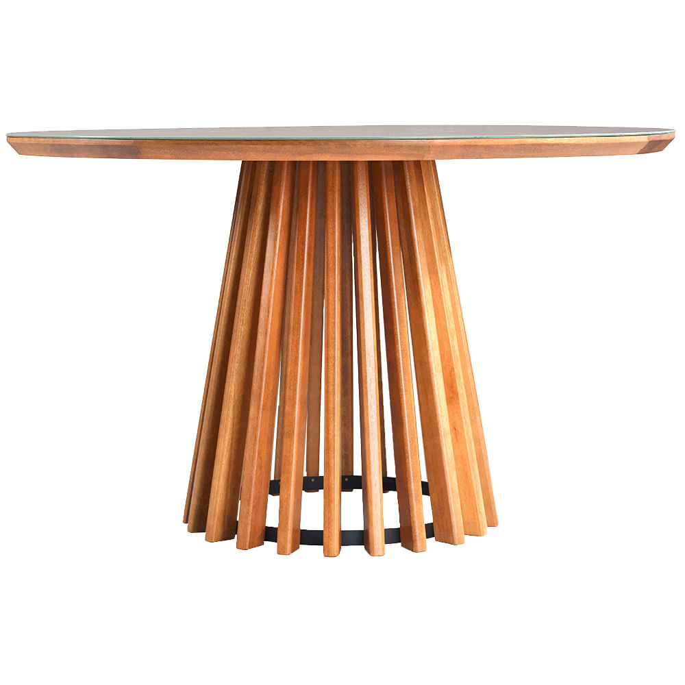 Mesa-de-Jantar-Brisa-Tampo-Redondo-Vidro-Off-White-Base-Verniz-Mel-130cm