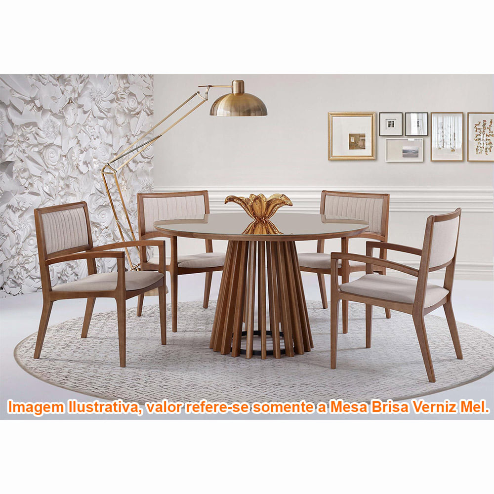 Mesa-de-Jantar-Brisa-Tampo-Redondo-Vidro-Off-White-Base-Verniz-Mel-130cm