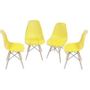 Kit com 4 Cadeiras Eames Furadinha Com Base de Madeira na Cor Amarela - 64628