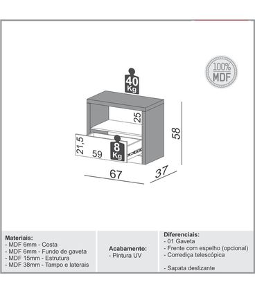 Mesa de Cabeceira Kiev com 1 Gaveta Espelhada cor Freijo com Off White - 64746
