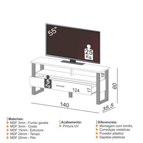 Rack Edmonton 1 Gaveta na cor Freijó com Preto Fosco 140cm - 64283