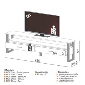 Rack Edmonton 2 Gavetas na cor Freijó com Preto Fosco 220cm - 64585