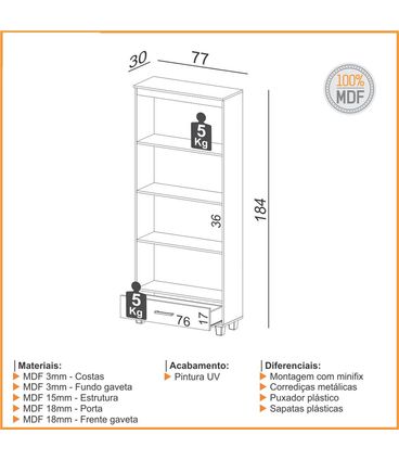 Estante Atibaía para Livros com 1 gaveta na cor Freijó 77cm - 64830