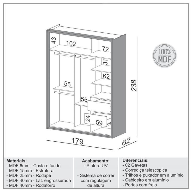RoupeiroMenfis2PortascomEspelhocorFreijoOffWhite180cm