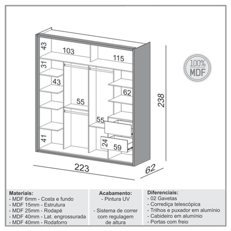 RoupeiroMenfis2PortascomEspelhocorFreijocomDetalheemOffWhite223cm