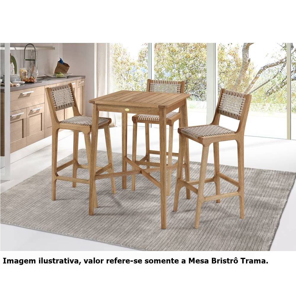foto ambientada da Mesa bristro trama quadrada em madeira com acabamento stain jatobá  e banqueta alta trama