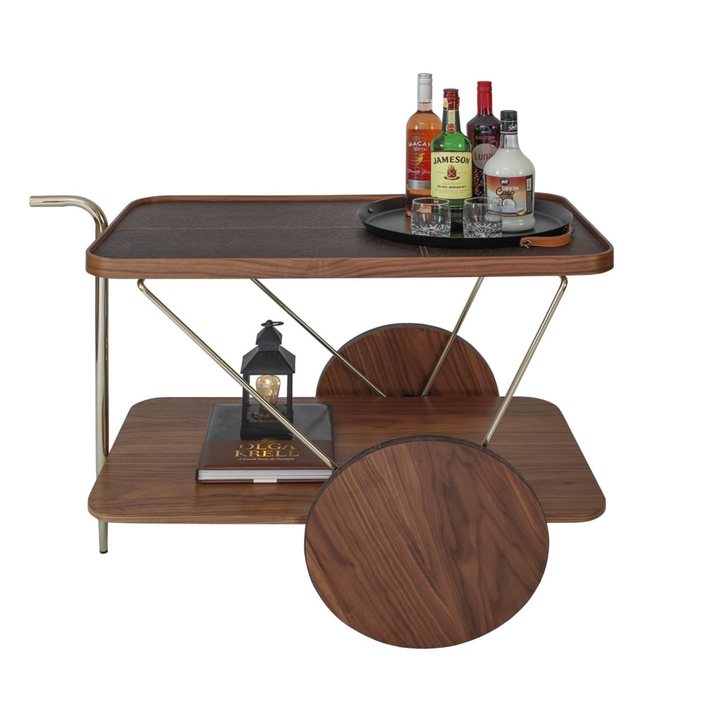 -Carrinho-para-Bar-Sertao-Couro-Castanho-com-Nogueira-e-Base-Gold-110-cm