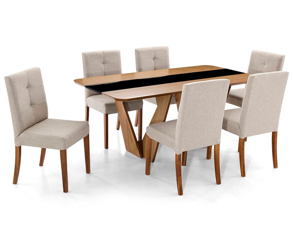 Conjunto-Mesa-de-Jantar-Dinant-Vidro-Preto-e-Base-Amendoa---Cadeiras-Andenne-Encosto-Estofado---67648