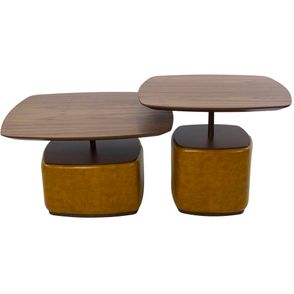 Conjunto Mesa Lateral Blend Nogueira Haste Aco Corten e Base Estofada PU Caramelo - 67777