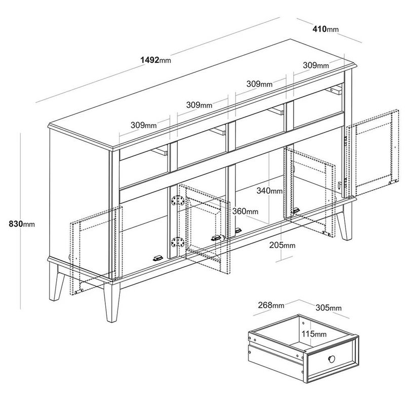 BuffetAntoine4Portase4GavetasAzulPetroleo150cm