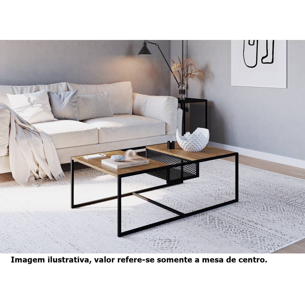 mesa de centro seult com nicho em aço no meio tampo em madeira na cor vermont