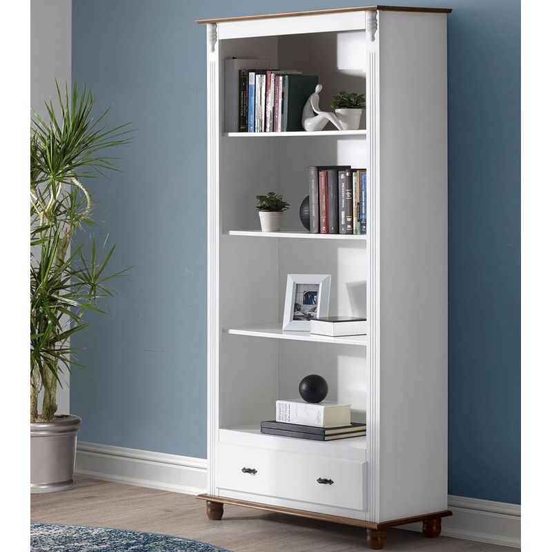 EstanteAlanya3Prateleiras1GavetaBrancoeImbuia90cm