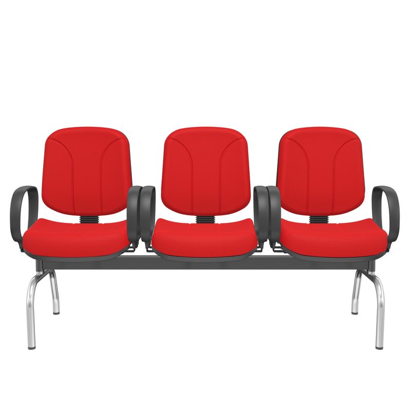 LongarinaRiadeDiretor3LugarescomBracosCorsaAssentoeEncostoCorVermelhoBaseMetalCromadoePreto