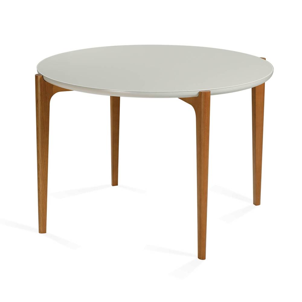 mesa de jantar luara redonda  com tampo em mdf com vidro na cor off white base em madeira macica na cor amêndoa 110cm de lagura