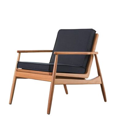 Poltrona Earth Estofada Lona Azul Petróleo Base Madeira Natural - 68322