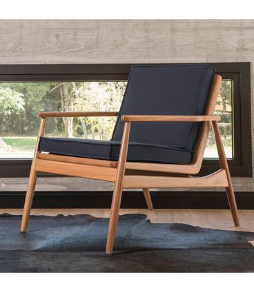 Poltrona Earth Estofada Lona Azul Petróleo Base Madeira Natural - 68322