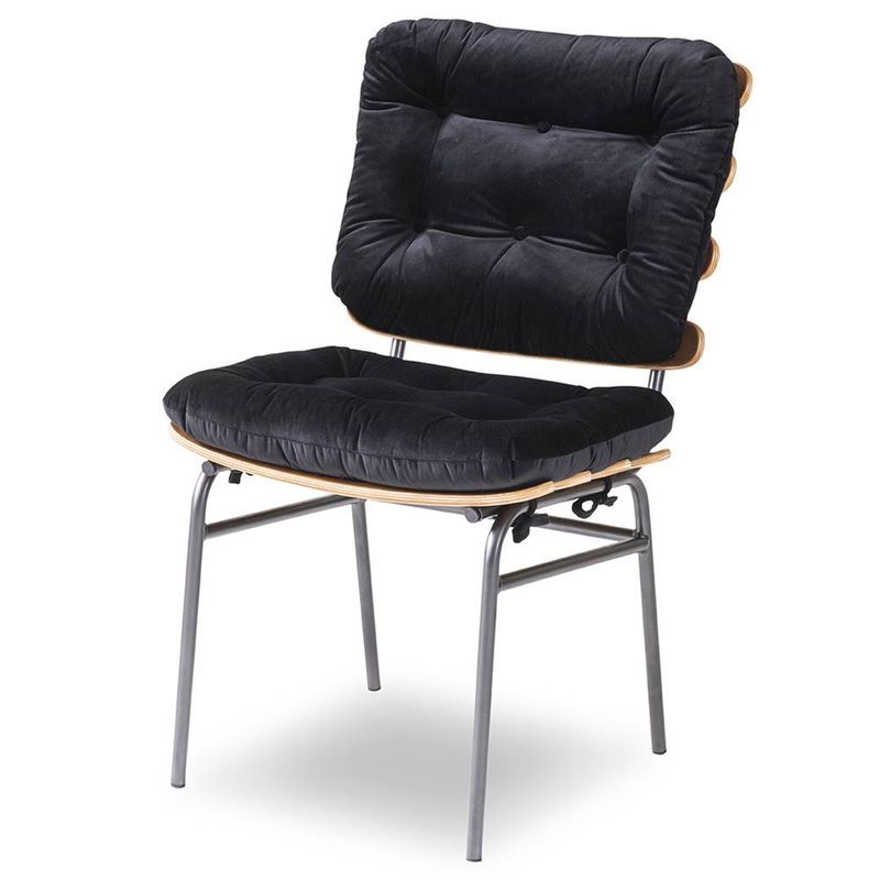 CadeiraCostelaEncostoeAssentoNaturalEstofadoPretoPesCromados