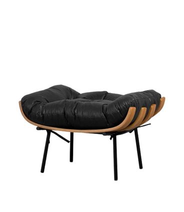 Puff Costela Assento Madeira Natural Almofada de Amarrar Couro Natural Preto Pés Preto - 68510