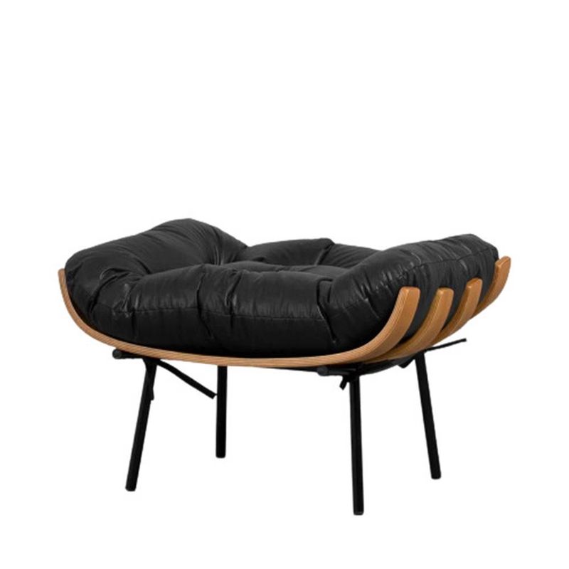 PuffCostelaAssentoMadeiraNaturalAlmofadadeAmarrarCouroNaturalPretoPesPreto