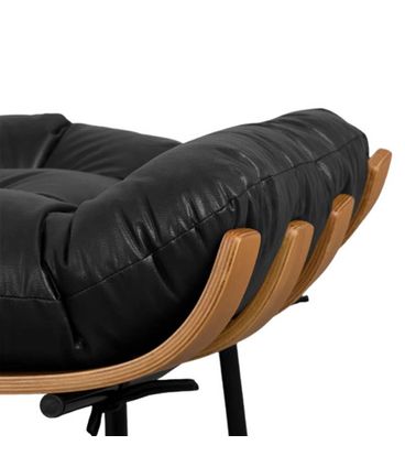 Puff Costela Assento Madeira Natural Almofada de Amarrar Couro Natural Preto Pés Preto - 68510