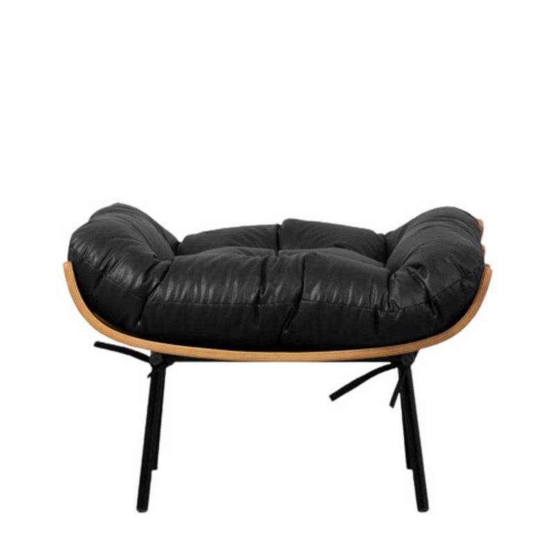 PuffCostelaAssentoMadeiraNaturalAlmofadadeAmarrarCouroNaturalPretoPesPreto