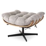 PuffCostelaAssentoMadeiraNaturalAlmofadaCinzaClaroBaseXMetalPreto