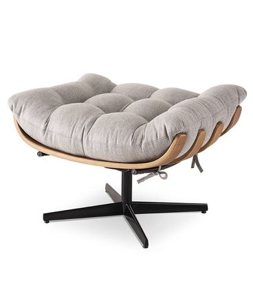 Puff Costela Assento Madeira Natural Almofada Cinza Claro Base X Metal Preto - 68511