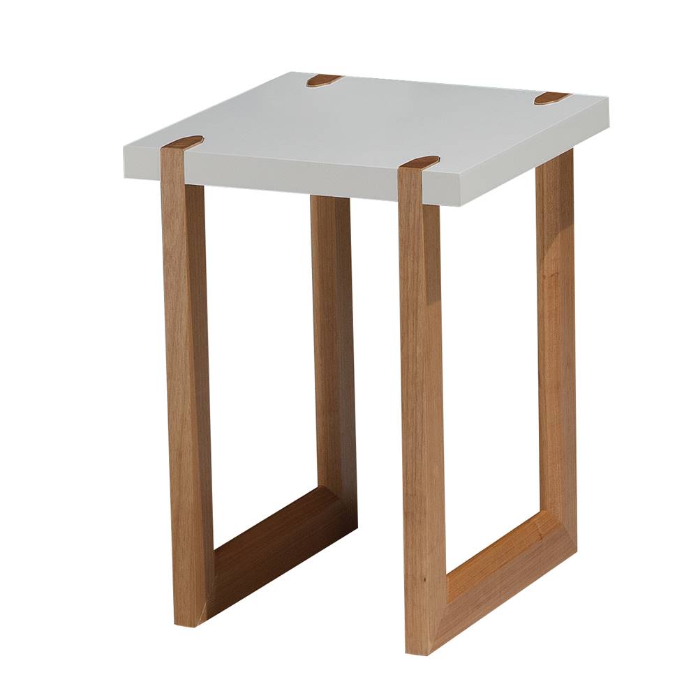 mesa lateral itapoa tampo em laca branca brilhante acetinado base na cor amêndoa