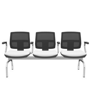 Longarina Flora 3 Lugares Encosto Tela Preta Assento Aero Branco Com Braço Base Metal Cromado - 68597