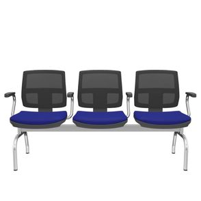 Longarina Flora 3 Lugares Encosto Tela Preta Assento Aero Azul Com Braço Base Metal Cromado - 68598