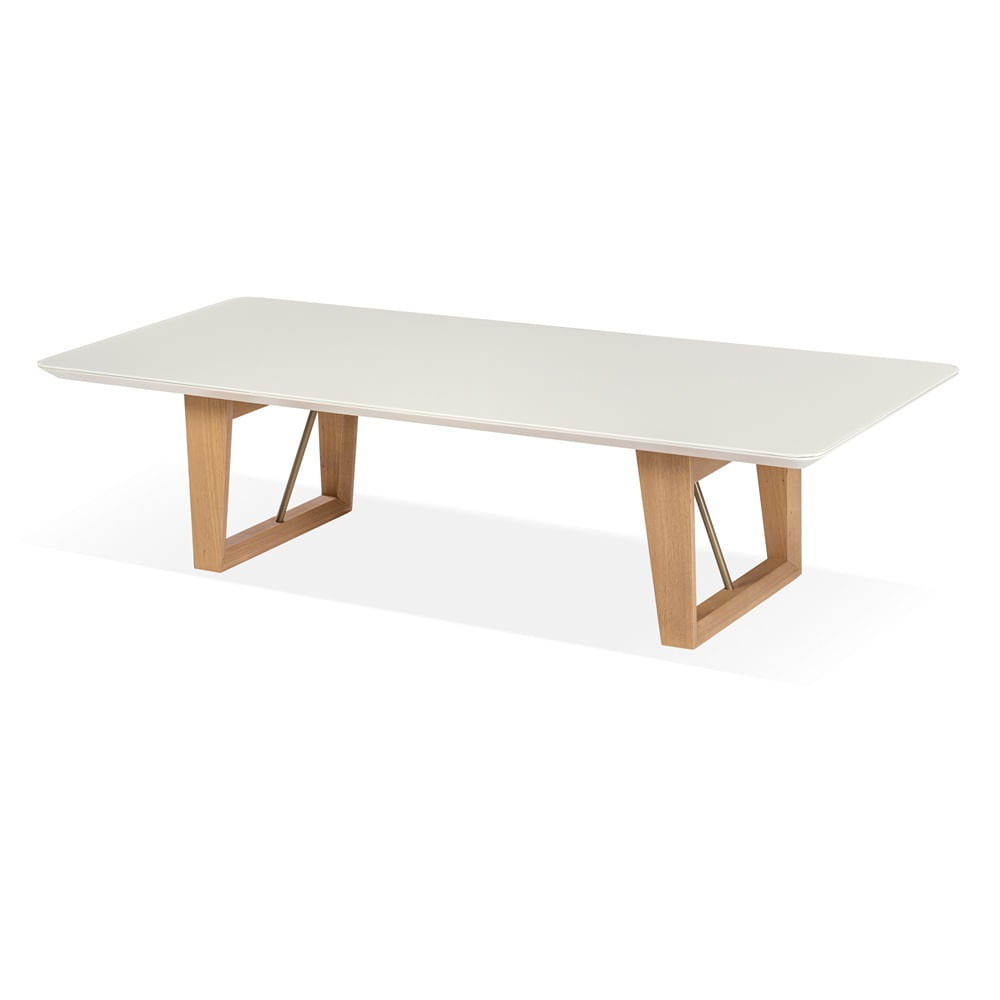 mesa de centro sara tampo de vidro e mdf na cor off white  base na cor amêndoa e aço na cor  dourado 140cm de largura